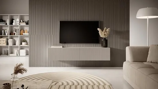Meuble TV - SELSEY - VELDIO - 140 cm - beige/gris - façade fraisée