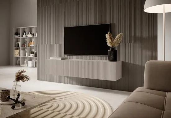 Meuble TV - SELSEY - VELDIO - 140 cm - beige/gris - façade fraisée