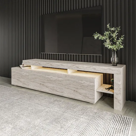 Meuble TV avec éclairage LED - BELIZ - Marbre travertin - 192 x 53 x 37 cm