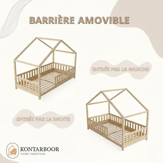 Lit cabane enfant 90x190 cm - Bois - Sommier à lattes inclus - Style Enfant
