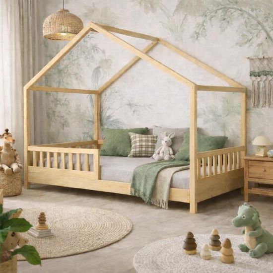 Lit cabane enfant 90x190 cm - Bois - Sommier à lattes inclus - Style Enfant