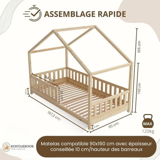 Lit cabane enfant 90x190 cm - Bois - Sommier à lattes inclus - Style Enfant