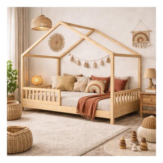 Lit cabane enfant 90x190 cm - Bois - Sommier à lattes inclus - Style Enfant